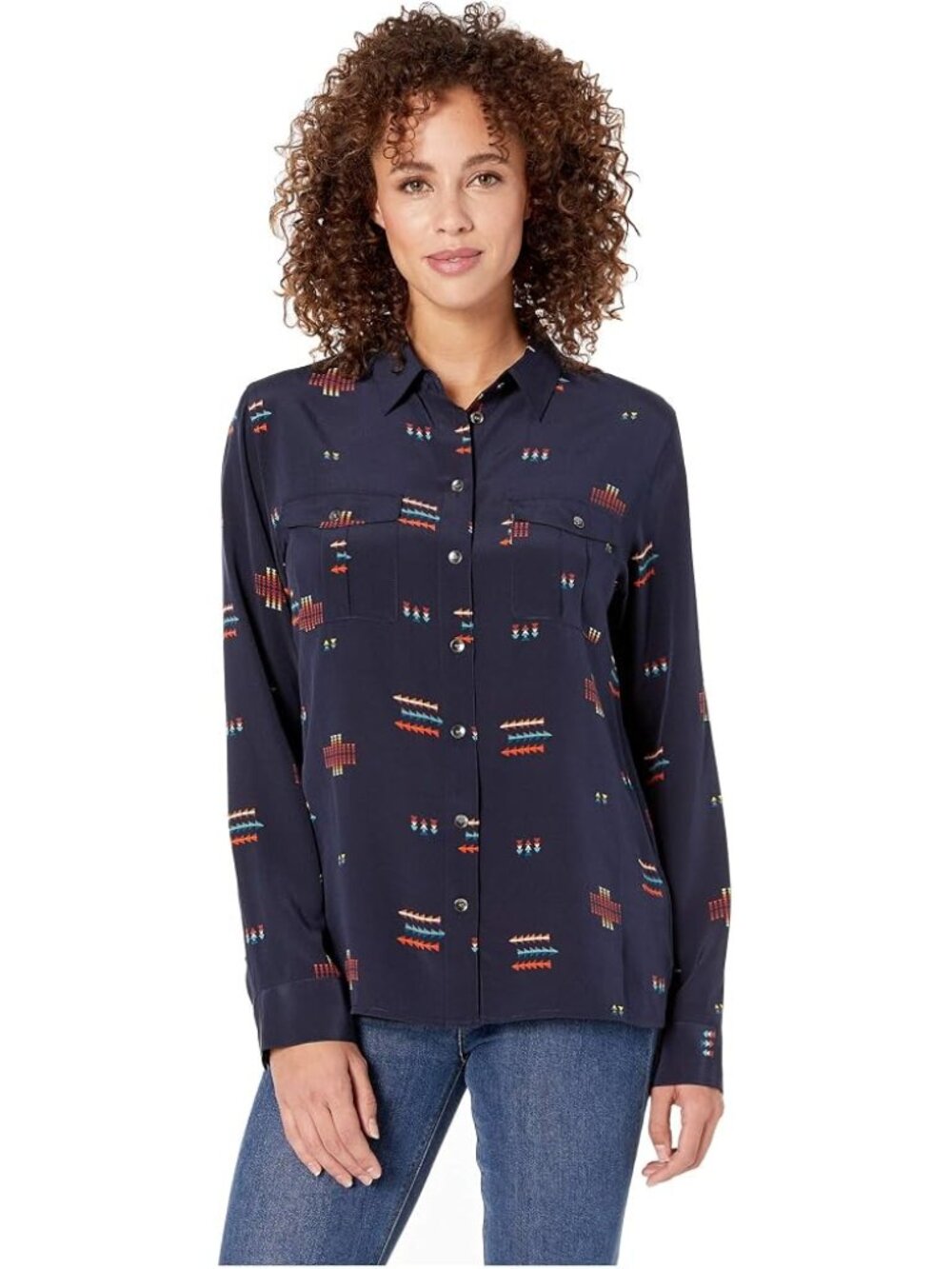 Pendleton Women's Navy Blue Relaxed Fit Chief Joseph Silk Button Up Shirt Sz XS